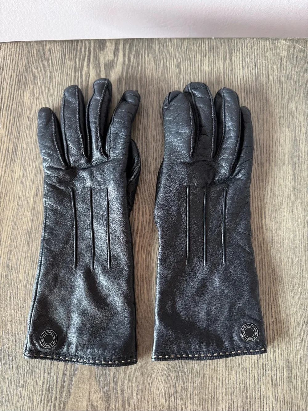 Coach Womens Black Leather Cashmere Dart Coach Coin Design Lined Gloves Size 6.5
